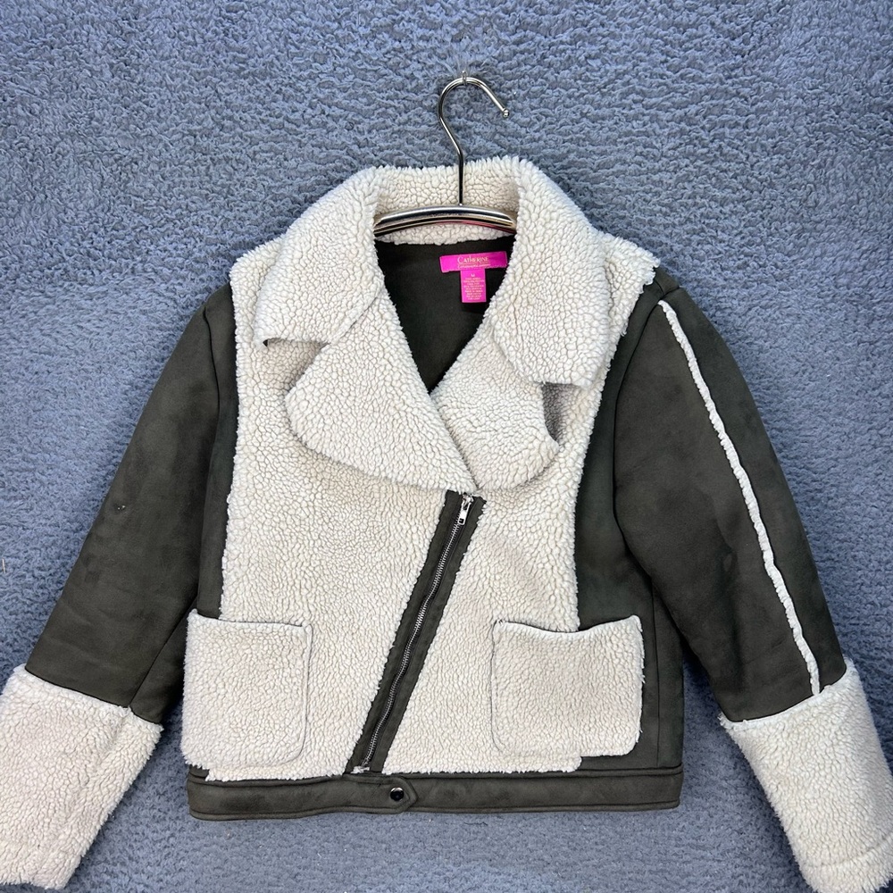 Catherine Malandrino Moto‎ Jacket Womens Medium Green Suede Sherpa Zip Outerwear